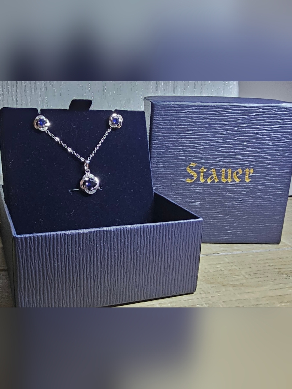 STAUER: Blue Sapphire (Lab Grown)Orb Silver-toned Necklace/Earrings Set